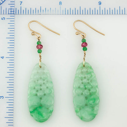 14K YELLOW GOLD GREEN JADEITE JADE CARVED DROP EARRING UPC #378643