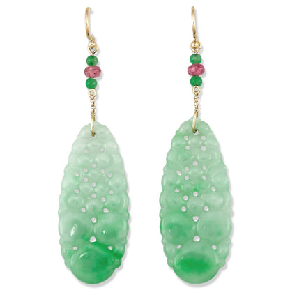 14K YELLOW GOLD GREEN JADEITE JADE CARVED DROP EARRING UPC #378643