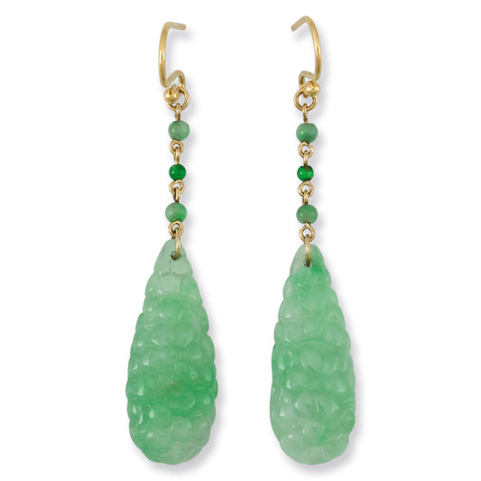 18K YELLOW GOLD GREEN JADEITE JADE CARVED TEAR DROP EARRING UPC #378681