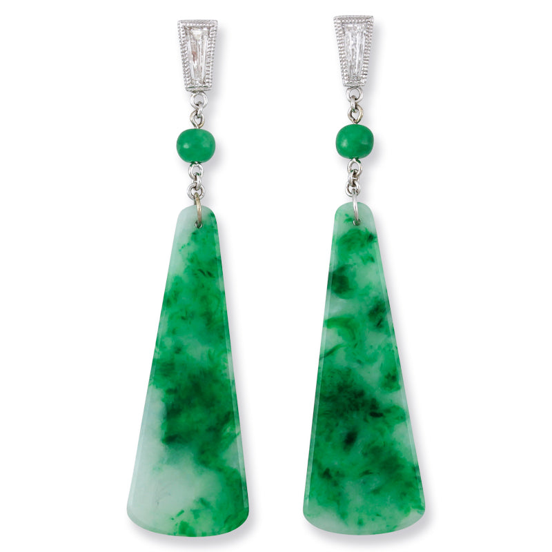 Green Jadeite Jade Designer Earrings in 18K White Gold | UPC #379497