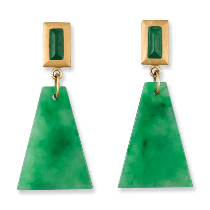18K Yellow Gold Trapezoid-Style Green Jadeite Jade Drop Earrings | UPC #379800