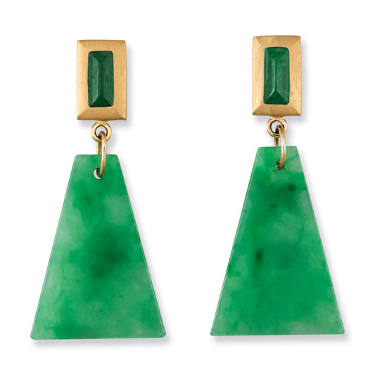 18K Yellow Gold Trapezoid-Style Green Jadeite Jade Drop Earrings | UPC #379800
