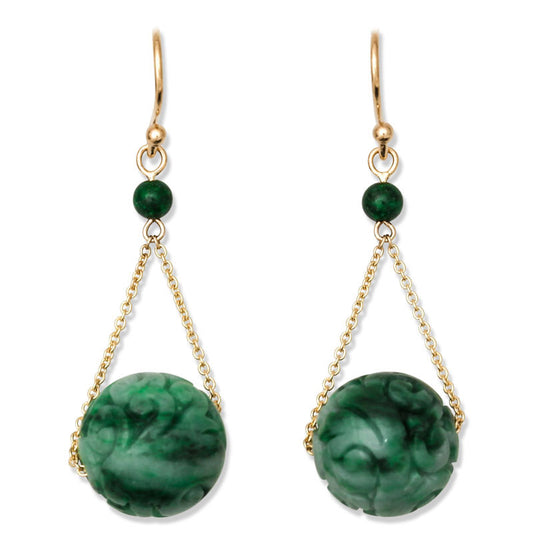 14K YELLOW GOLD GREEN JADEITE JADE CARVED BEAD DROP EARRING UPC #396197