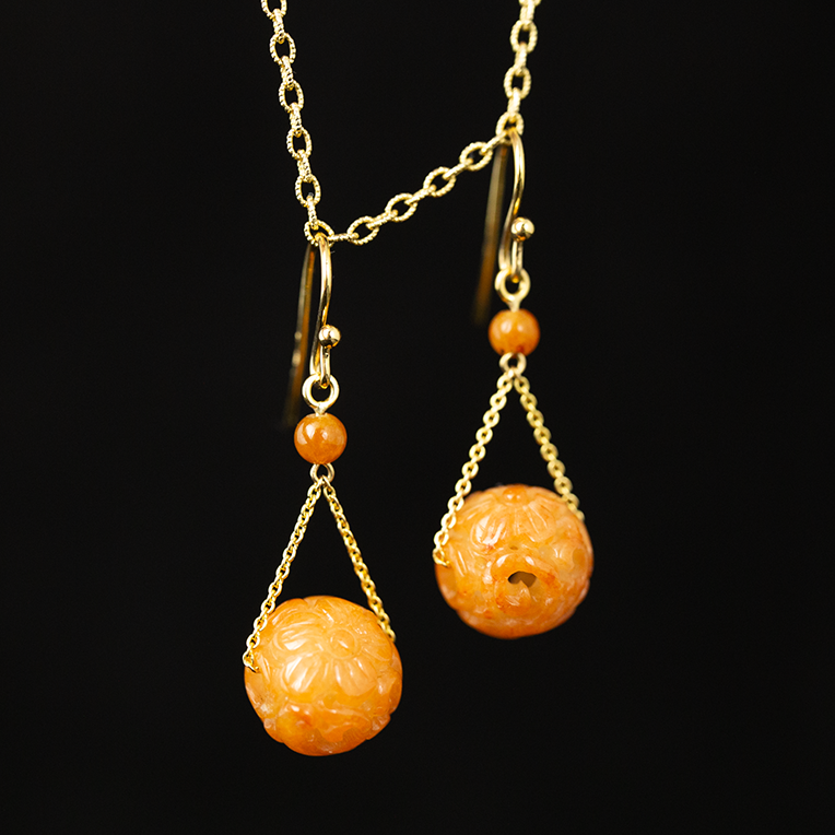 14K YELLOW GOLD RED JADEITE JADE CARVED BEAD EARRING UPC #388932