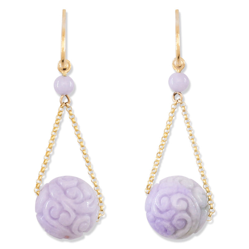 Lavender Jadeite Jade Carved Bead 14K Yellow Gold Earrings | UPC #392359