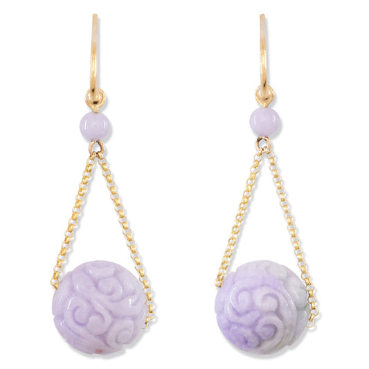 Lavender Jadeite Jade Carved Bead 14K Yellow Gold Earrings | UPC #392359