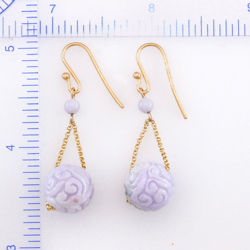 Lavender Jadeite Jade Carved Bead 14K Yellow Gold Earrings | UPC #392359