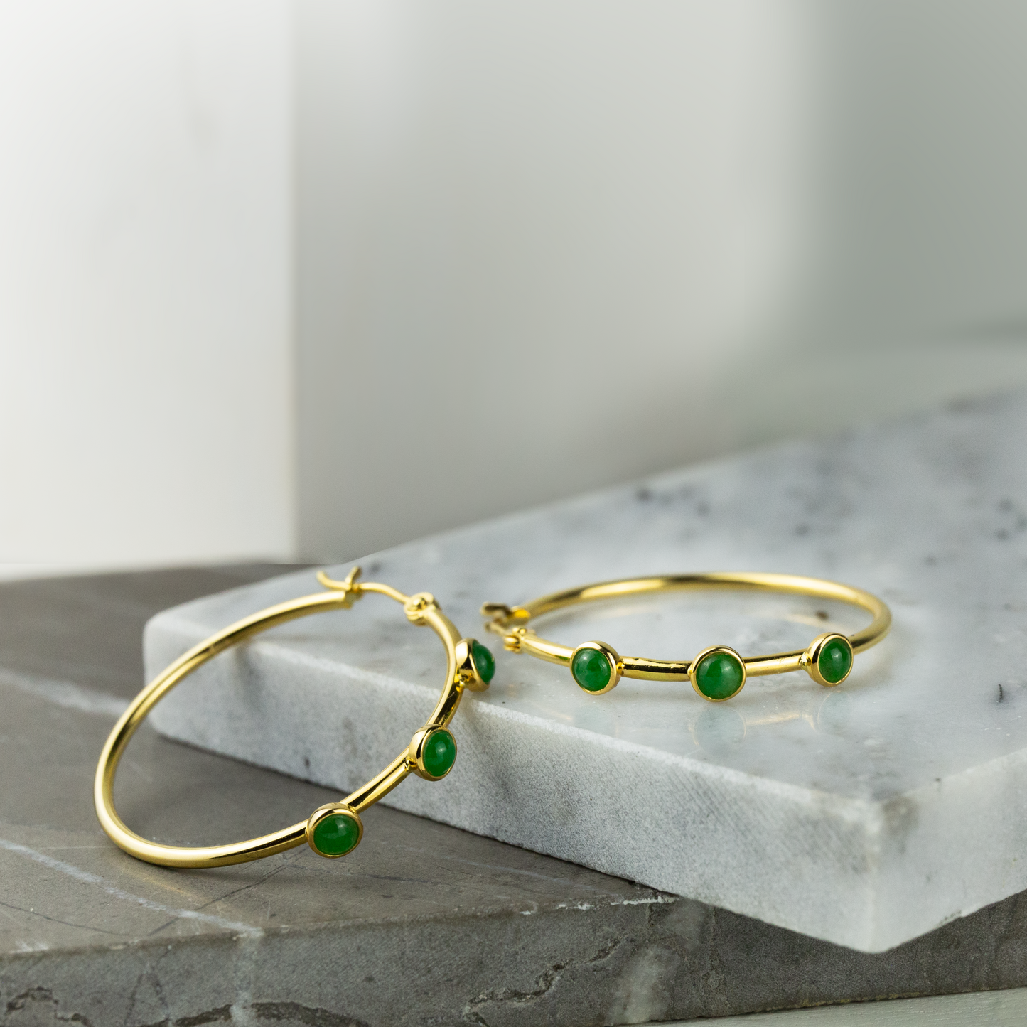 14K Yellow Gold Green Jadeite Jade Hoop Earrings for Women | UPC #382558