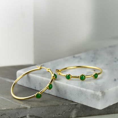 14K Yellow Gold Green Jadeite Jade Hoop Earrings for Women | UPC #382558