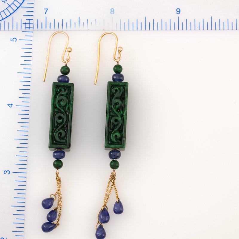 14K YELLOW GOLD GREEN JADEITE JADE & SAPPHIRE DROP EARRING UPC #383616