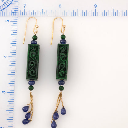 14K YELLOW GOLD GREEN JADEITE JADE & SAPPHIRE DROP EARRING UPC #383616