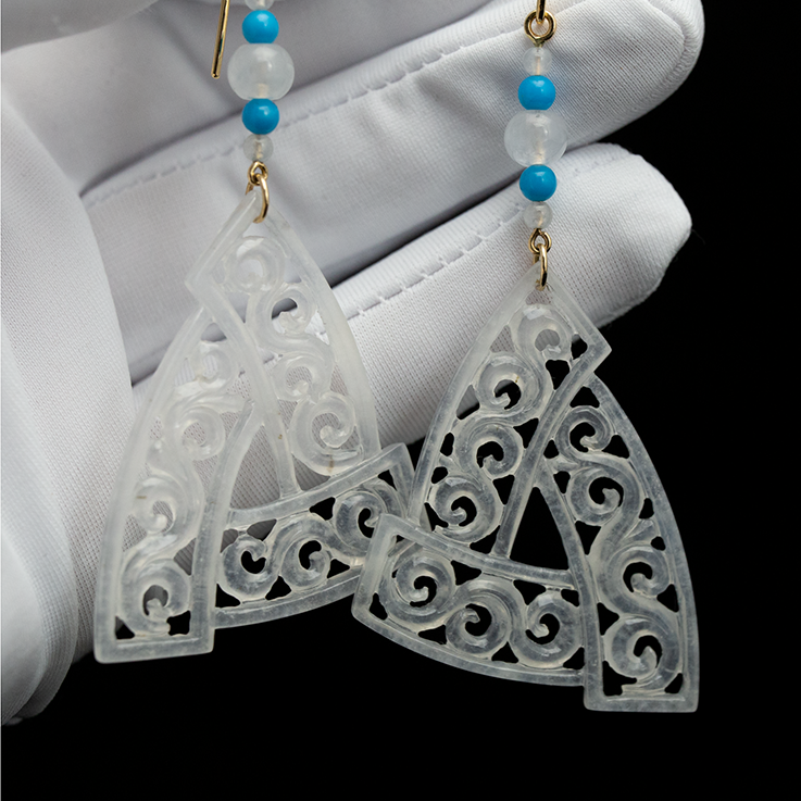 14K YELLOW GOLD ICE JADEITE JADE CARVED GEOMETRIC DROP EARRING UPC #388802