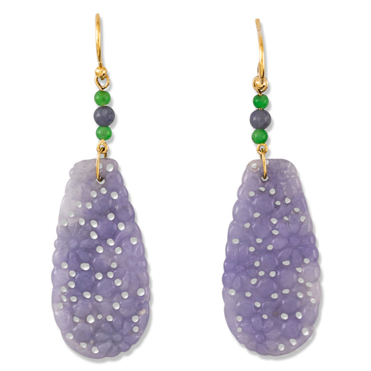Lavender Jadeite Jade Carved Tear Drop 18K Yellow Gold Earring | UPC #389526