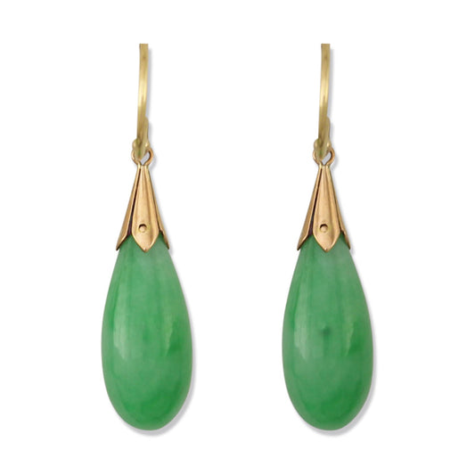 14K Yellow Gold Teardrop-Style Green Jadeite Jade Earrings | UPC #390829