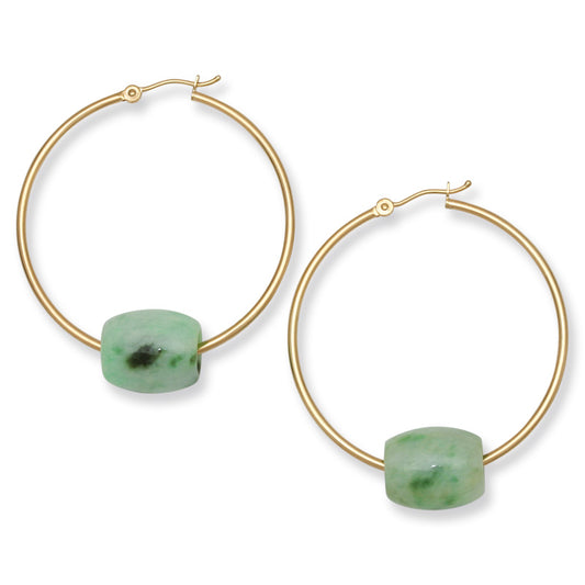 14K Yellow Gold Green Jadeite Jade Barrel Slide Hoop Earrings | UPC #394568