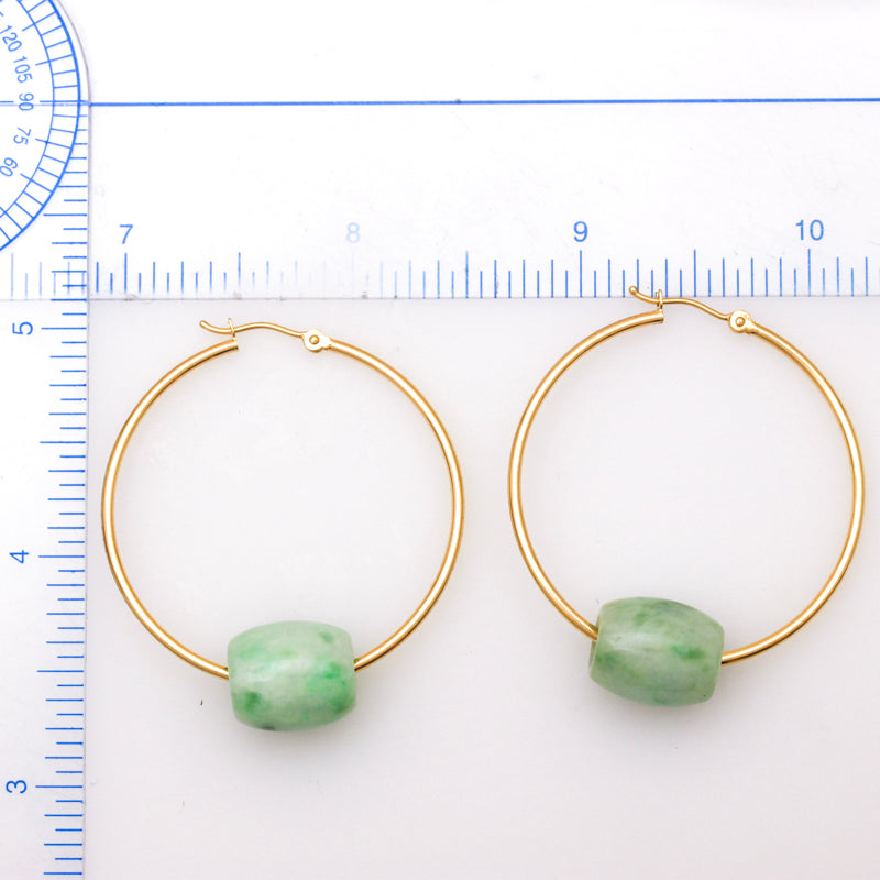 14K Yellow Gold Green Jadeite Jade Barrel Slide Hoop Earrings | UPC #394568