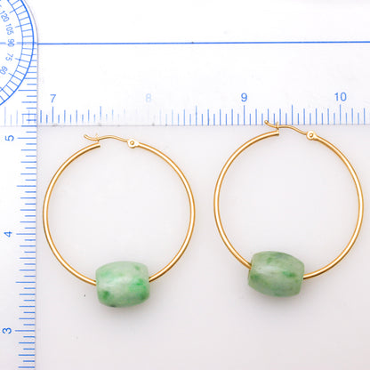 14K Yellow Gold Green Jadeite Jade Barrel Slide Hoop Earrings | UPC #394568