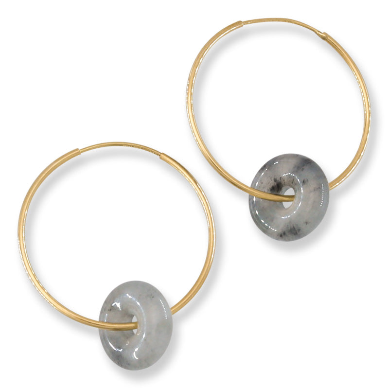 Grey Jadeite Jade Disc on 14K Yellow Gold Hoop Earring | UPC #401211
