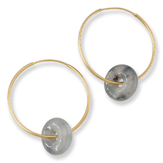 Grey Jadeite Jade Disc on 14K Yellow Gold Hoop Earring | UPC #401211