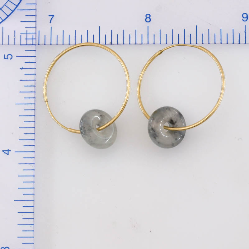 Grey Jadeite Jade Disc on 14K Yellow Gold Hoop Earring | UPC #401211