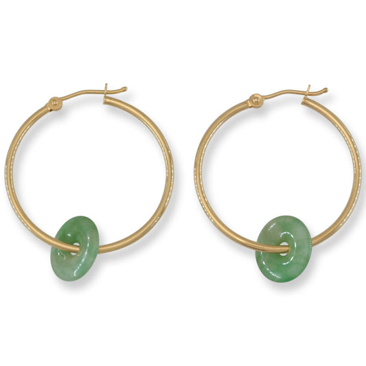 14K Yellow Gold Green Jadeite Jade Disc on Hoop Earring | UPC #397958