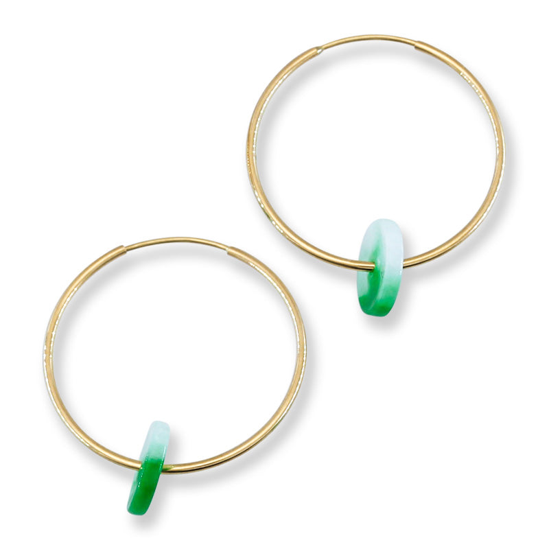 Green & White Jadeite Jade Disc on 14K Yellow Gold Hoop Earring | UPC #401198