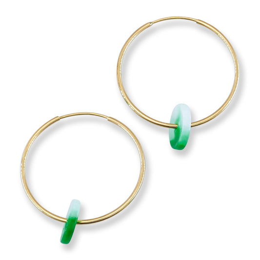 Green & White Jadeite Jade Disc on 14K Yellow Gold Hoop Earring | UPC #401198