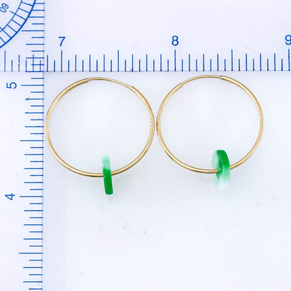 Green & White Jadeite Jade Disc on 14K Yellow Gold Hoop Earring | UPC #401198