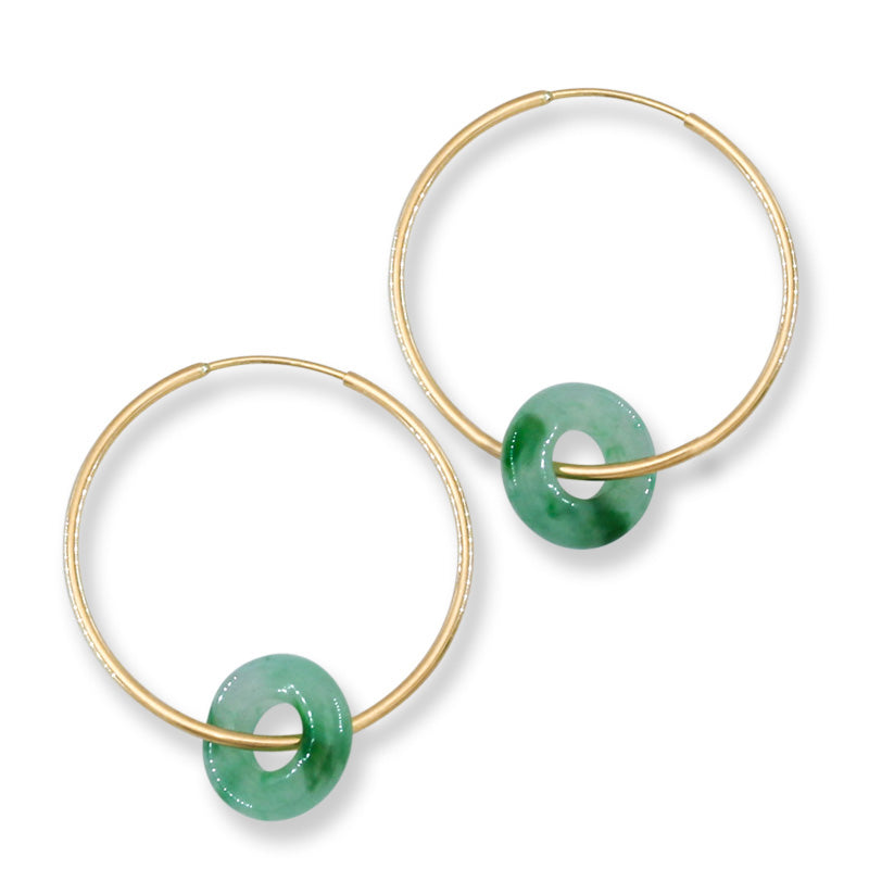Green Jadeite Jade Donut on 14K Yellow Gold Hoop Earring | UPC #401181