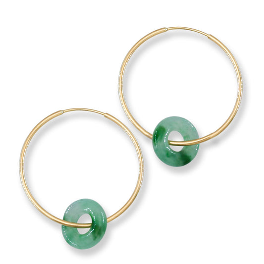 Green Jadeite Jade Donut on 14K Yellow Gold Hoop Earring | UPC #401181