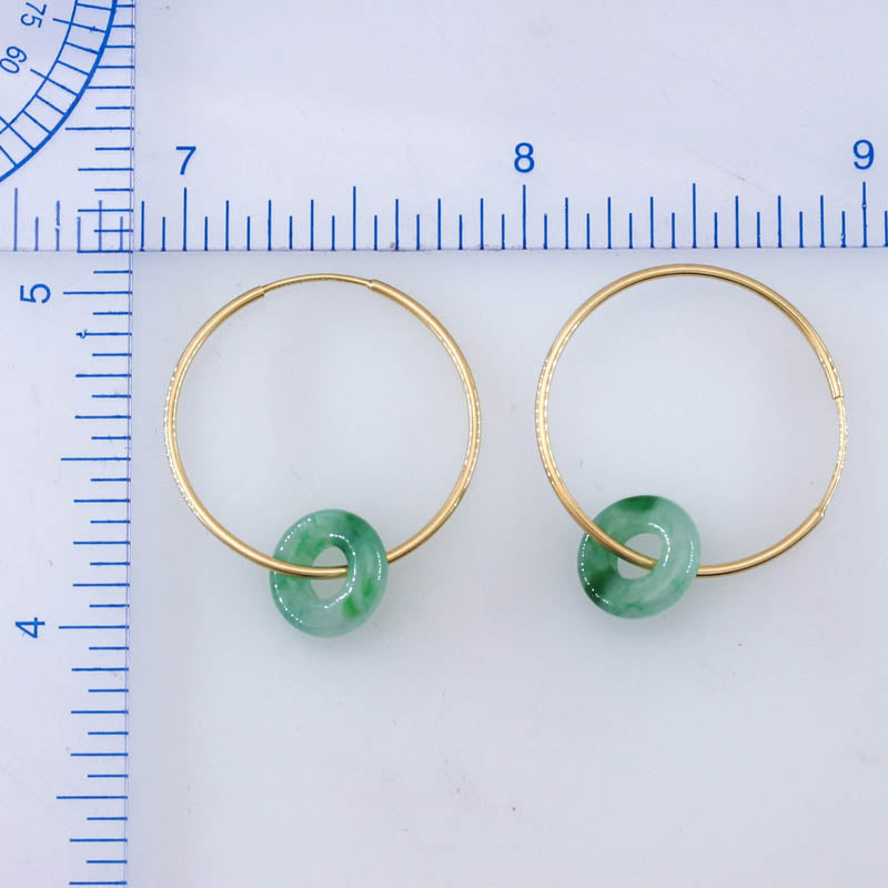 Green Jadeite Jade Donut on 14K Yellow Gold Hoop Earring | UPC #401181