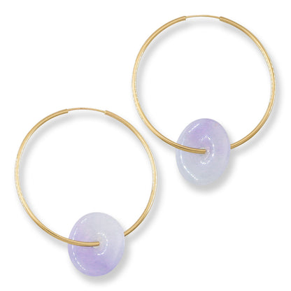 Lavender Jadeite Jade Pi Disc on 14K Yellow Gold Hoop Earring | UPC #401204