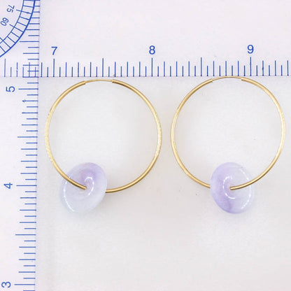 Lavender Jadeite Jade Pi Disc on 14K Yellow Gold Hoop Earring | UPC #401204