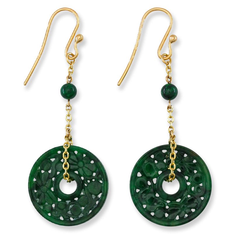 14K YELLOW GOLD GREEN JADEITE JADE CARVED CIRCLE DROP EARRING UPC #395626