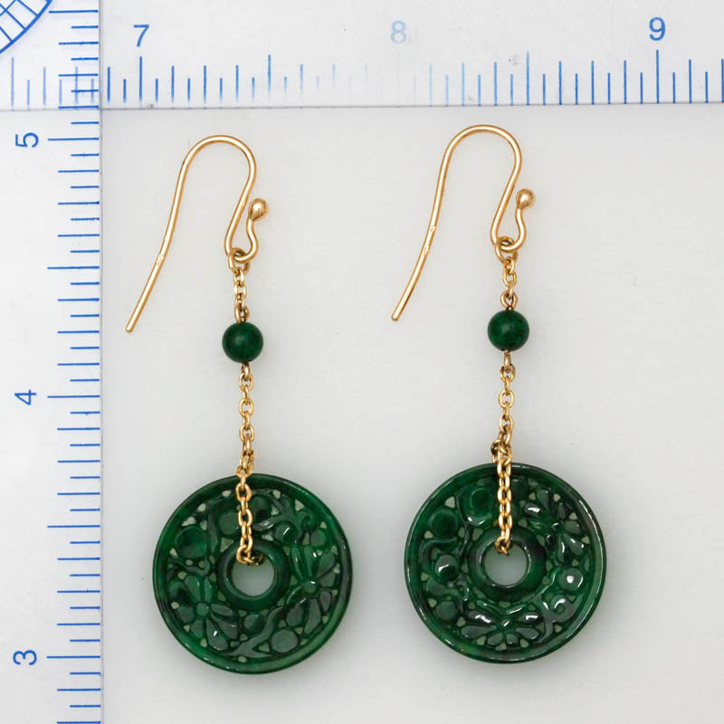 14K YELLOW GOLD GREEN JADEITE JADE CARVED CIRCLE DROP EARRING UPC #395626