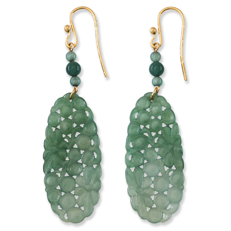 14K Yellow Gold Water Jadeite Jade Carved Drop Earrings | UPC #395664