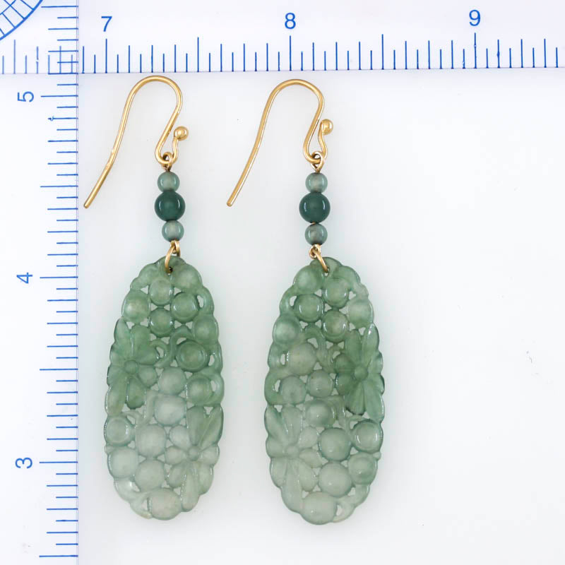 14K Yellow Gold Water Jadeite Jade Carved Drop Earrings | UPC #395664