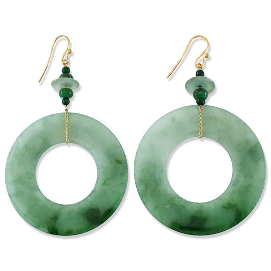 14K YELLOW GOLD LARGE GREEN JADEITE JADE CIRCLE DROP EARRING UPC #395749