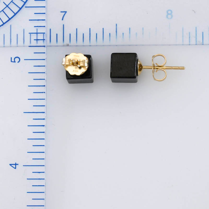 14K YELLOW GOLD BLACK NEPHRITE CUBE JADE EARRING UPC #395763