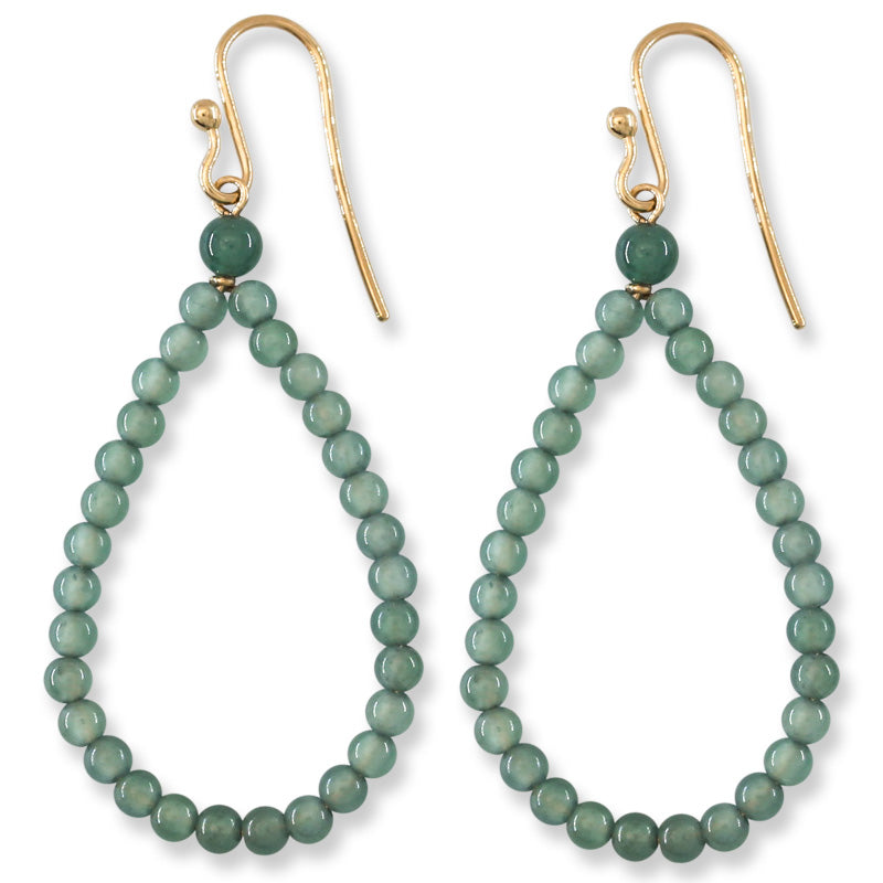 14K YELLOW GOLD GREEN JADEITE JADE BEAD HOOP EARRING UPC #395862