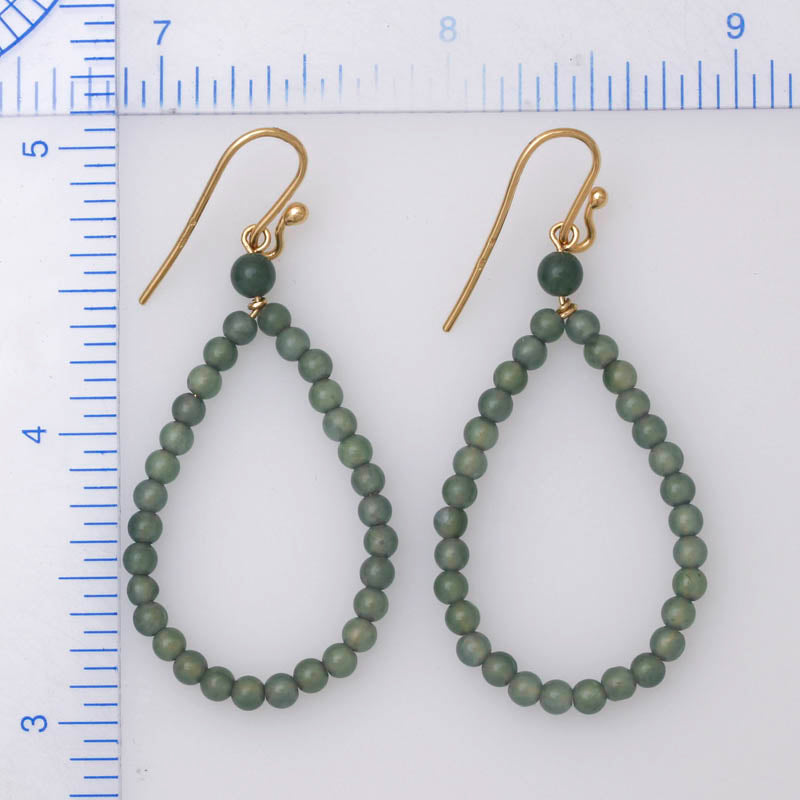 14K YELLOW GOLD GREEN JADEITE JADE BEAD HOOP EARRING UPC #395862