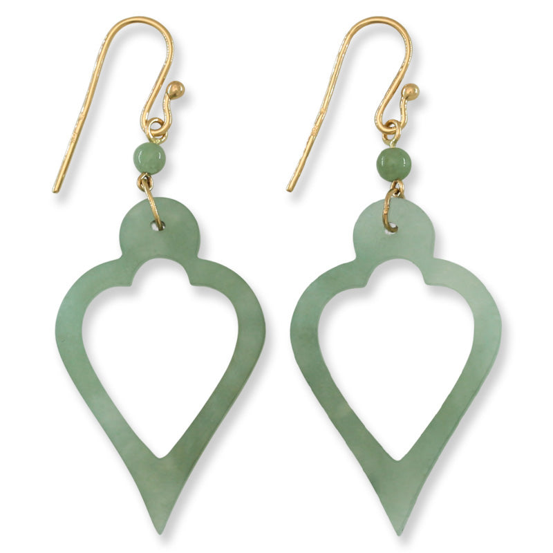 14K Yellow Gold Green Jadeite Jade Carved Open Heart Drop Earrings | UPC #395886