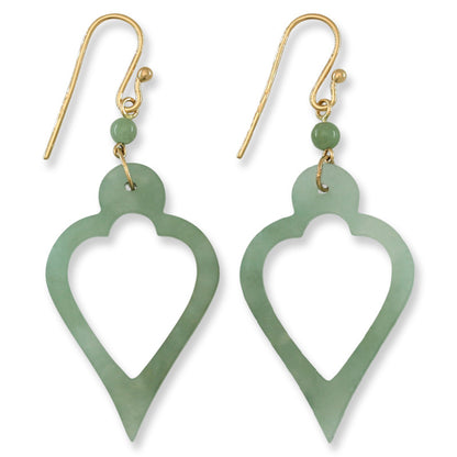 14K Yellow Gold Green Jadeite Jade Carved Open Heart Drop Earrings | UPC #395886