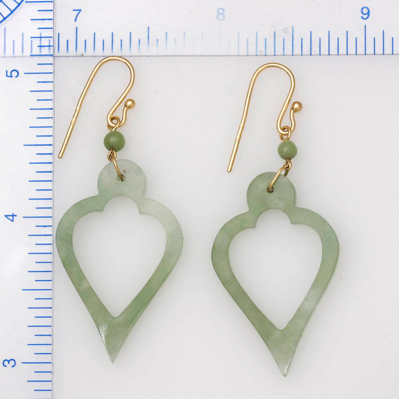 14K Yellow Gold Green Jadeite Jade Carved Open Heart Drop Earrings | UPC #395886