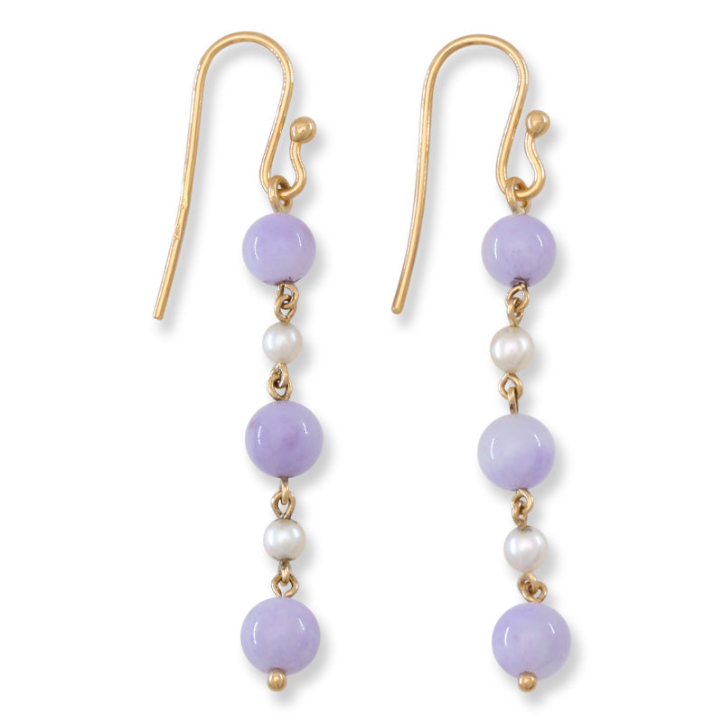 14K Yellow Gold Lavender Jadeite Jade Bead and Pearl Drop Earrings | UPC #395978