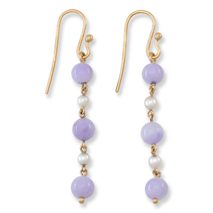 14K Yellow Gold Lavender Jadeite Jade Bead and Pearl Drop Earrings | UPC #395978