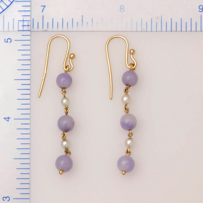 14K Yellow Gold Lavender Jadeite Jade Bead and Pearl Drop Earrings | UPC #395978