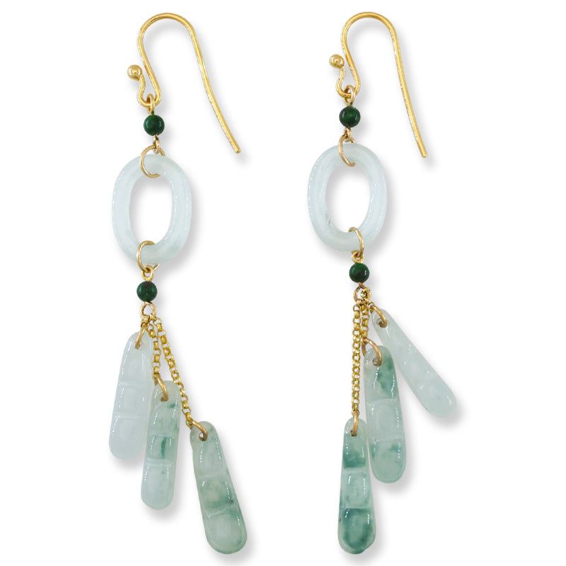 14K YELLOW GOLD WHITE JADEITE JADE CIRCLE & PEA POD TASSEL EARRING UPC #395985