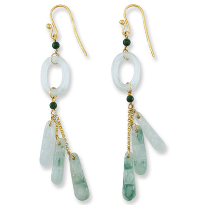 14K YELLOW GOLD WHITE JADEITE JADE CIRCLE & PEA POD TASSEL EARRING UPC #395985