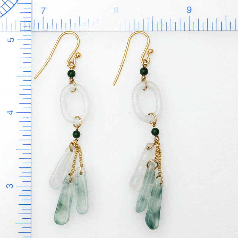 14K YELLOW GOLD WHITE JADEITE JADE CIRCLE & PEA POD TASSEL EARRING UPC #395985